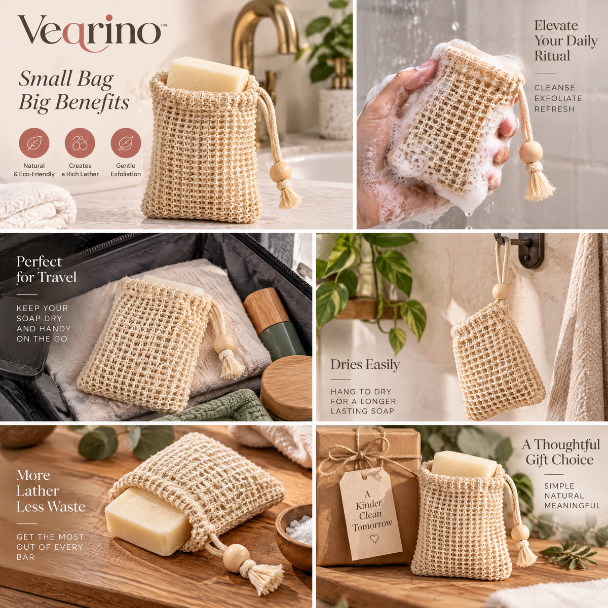 Soap saver pouch texture and drawstring detail